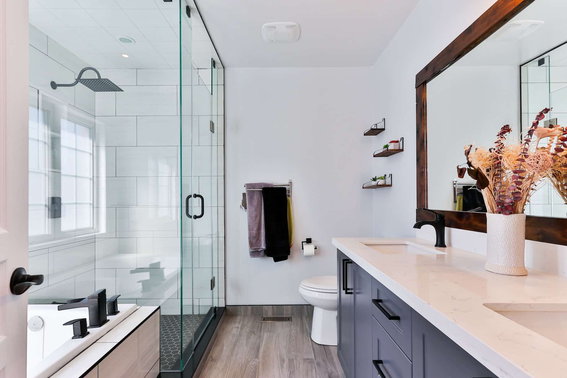 Glass walk-in shower and vanity for bathroom remodeling planning