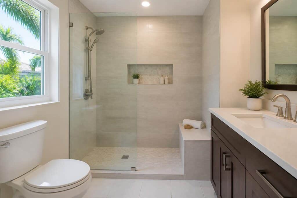 Finished walk-in tile shower with glass and a recessed niche